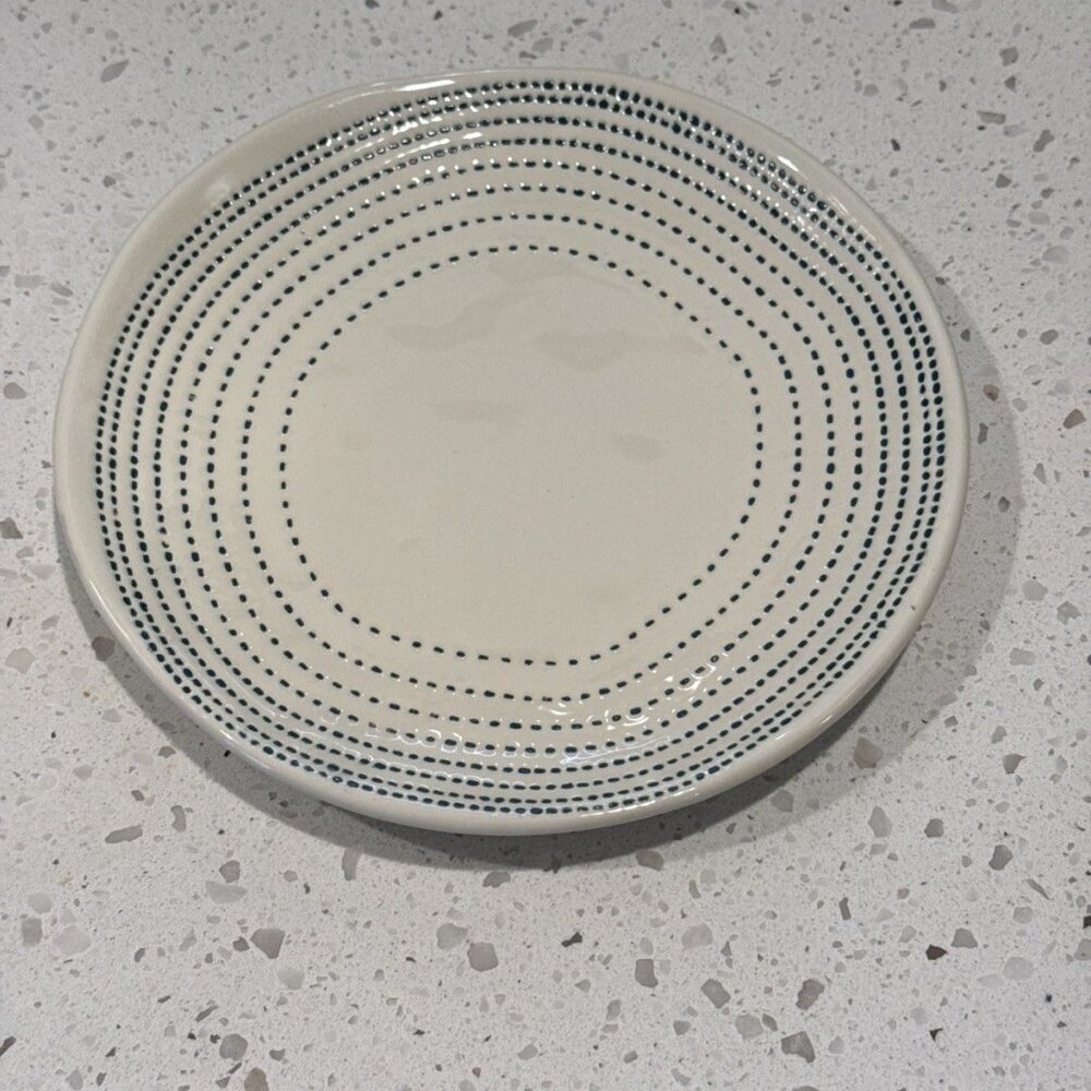 Off White Stoneware Dinner Plate Blue Dotted Pattern 8"